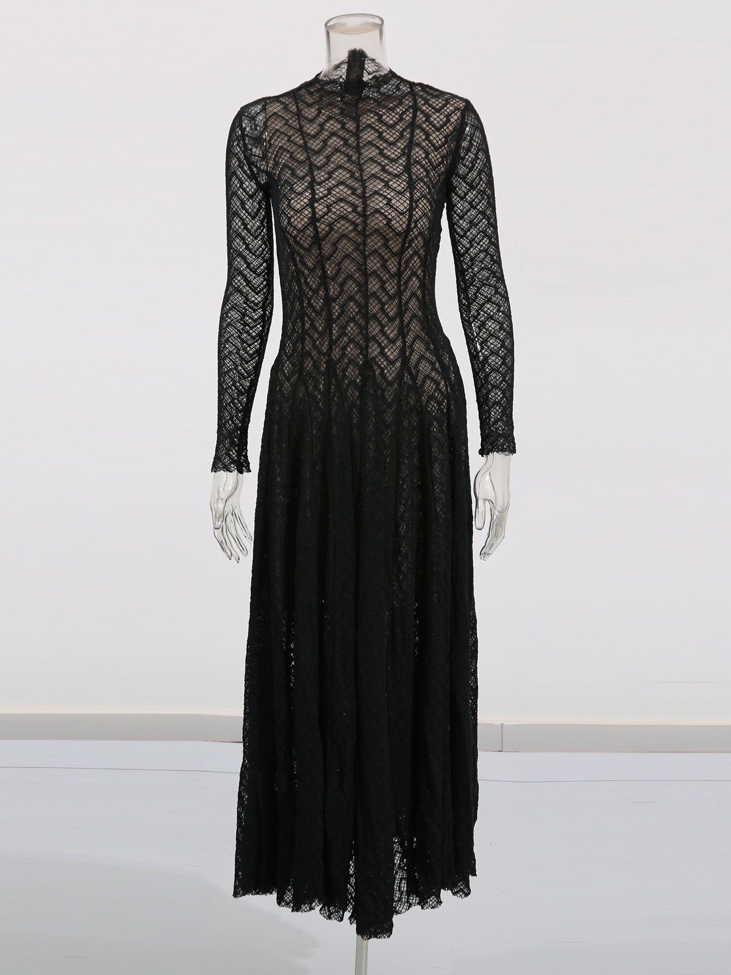 Black Lace Maxi Dress with Long Sleeve & Sheer Design