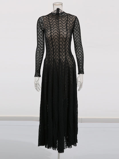 Black Lace Maxi Dress with Long Sleeve & Sheer Design