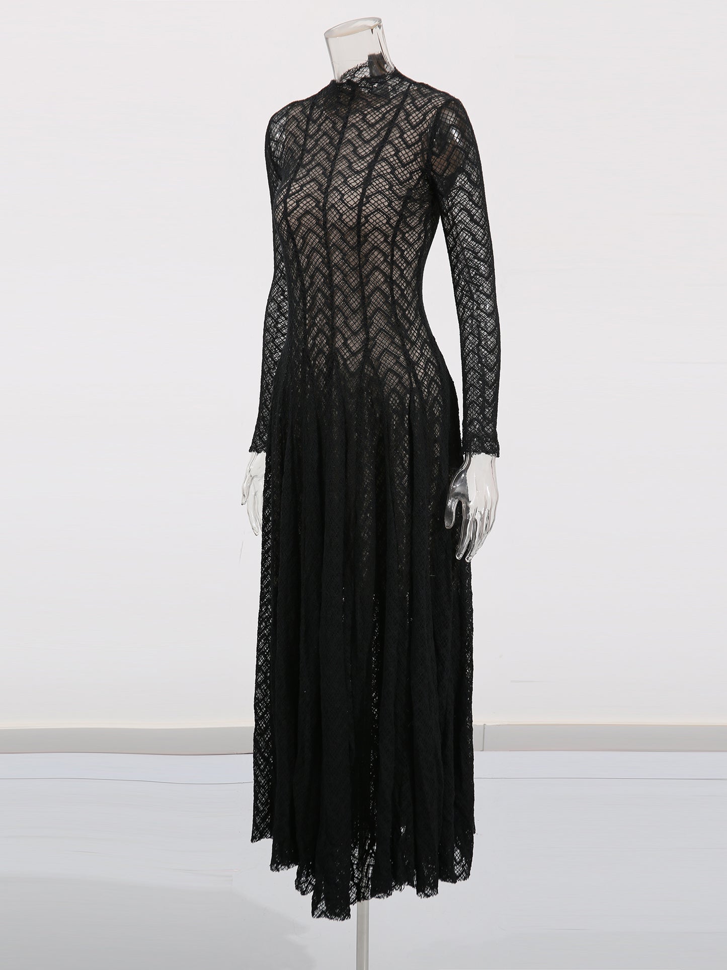 Black Lace Maxi Dress with Long Sleeve & Sheer Design
