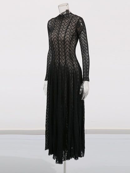 Black Lace Maxi Dress with Long Sleeve & Sheer Design