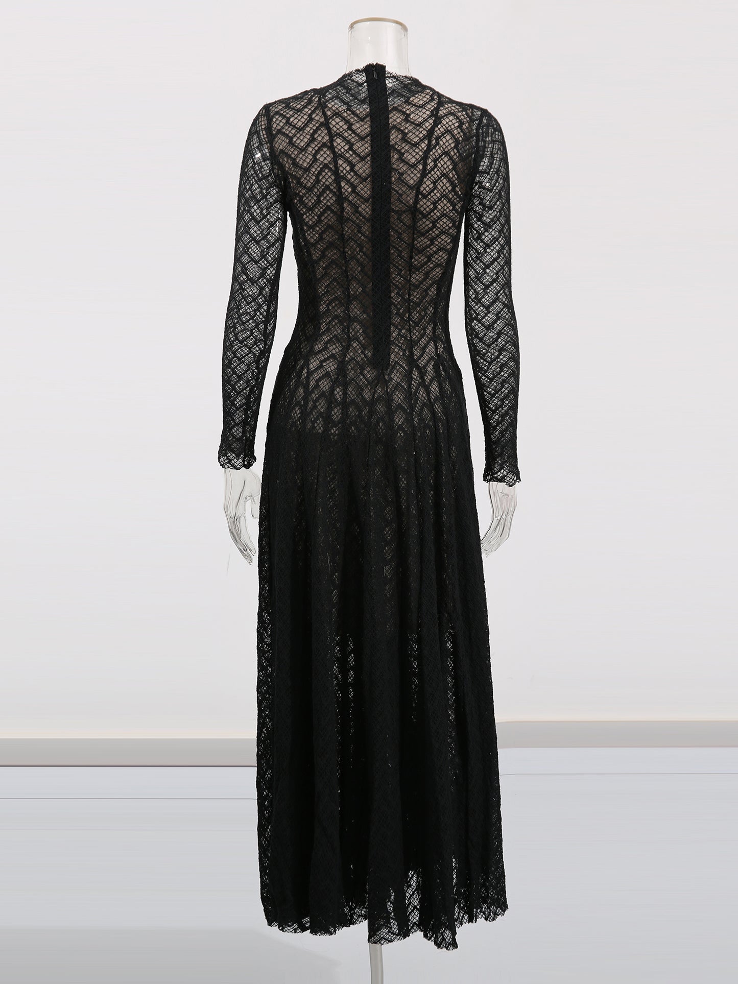 Black Lace Maxi Dress with Long Sleeve & Sheer Design