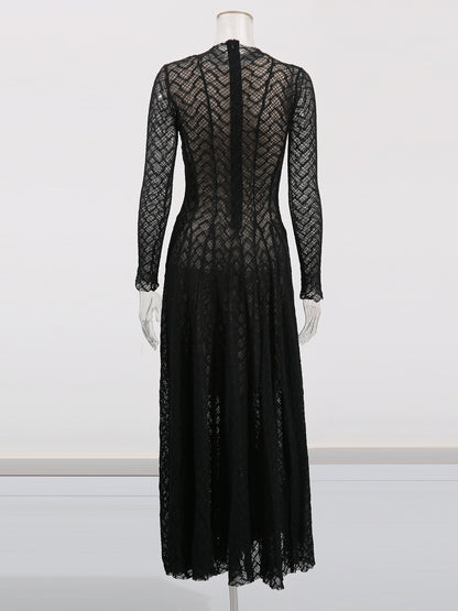 Black Lace Maxi Dress with Long Sleeve & Sheer Design