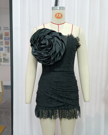Black Lace One-Shoulder Rose Mini Dress