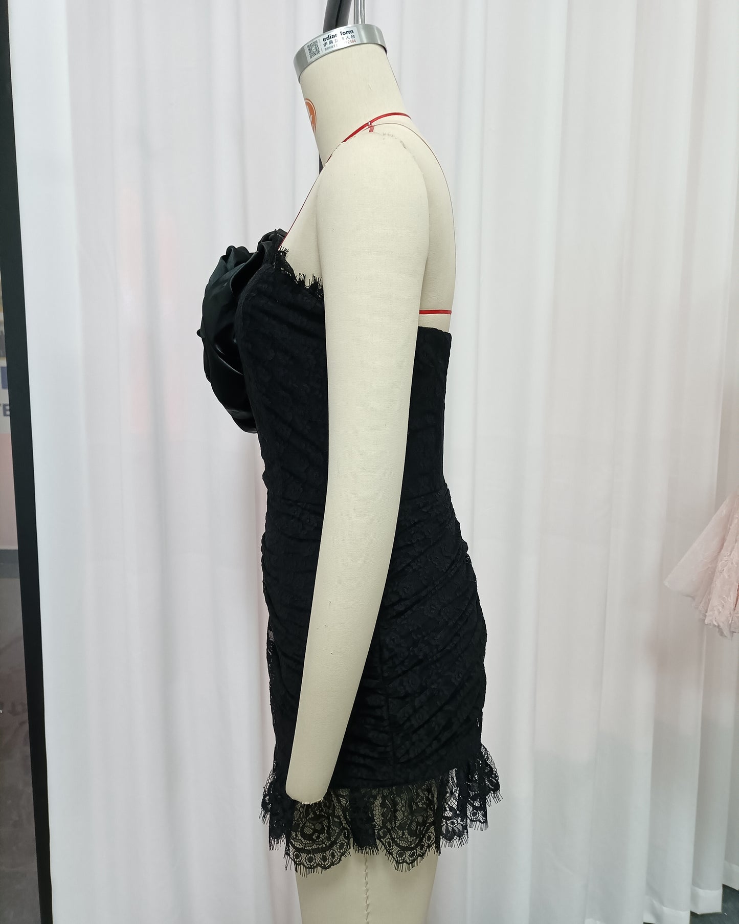 Black Lace One-Shoulder Rose Mini Dress