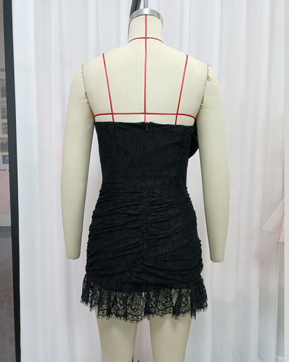 Black Lace One-Shoulder Rose Mini Dress