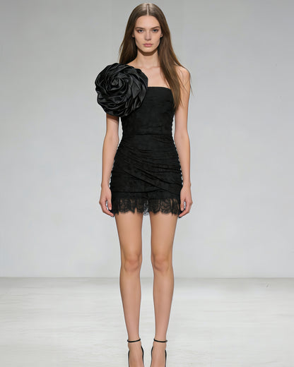 Black Lace One-Shoulder Rose Mini Dress