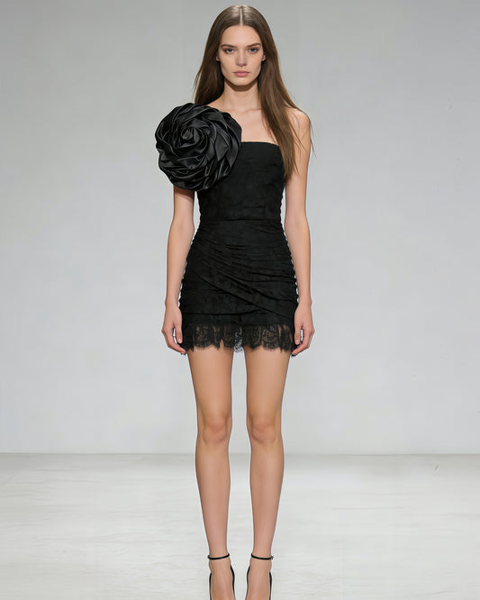 Black Lace One-Shoulder Rose Mini Dress