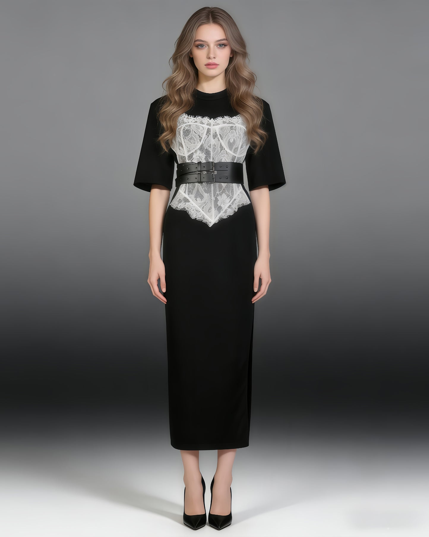 Black Lace Panel Double-Belt Maxi Dress