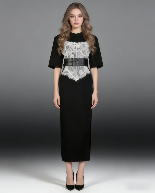 Black Lace Panel Double-Belt Maxi Dress