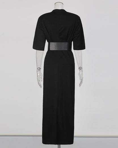 Black Lace Panel Double-Belt Maxi Dress