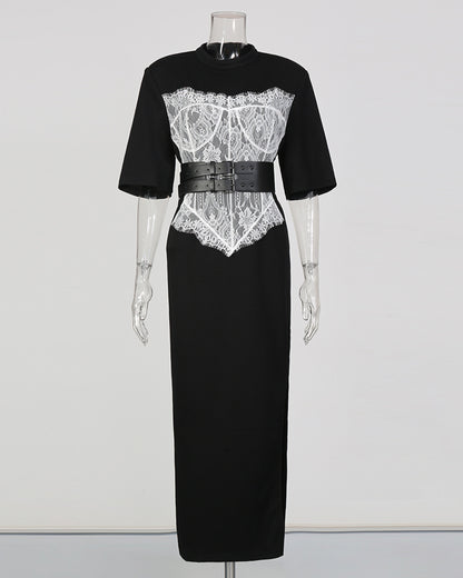 Black Lace Panel Double-Belt Maxi Dress