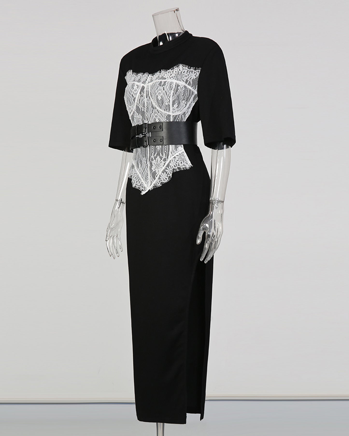 Black Lace Panel Double-Belt Maxi Dress