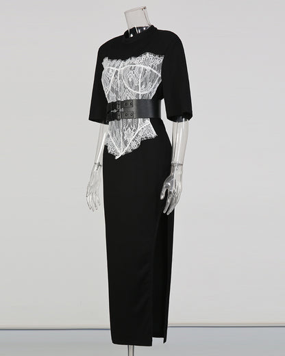 Black Lace Panel Double-Belt Maxi Dress