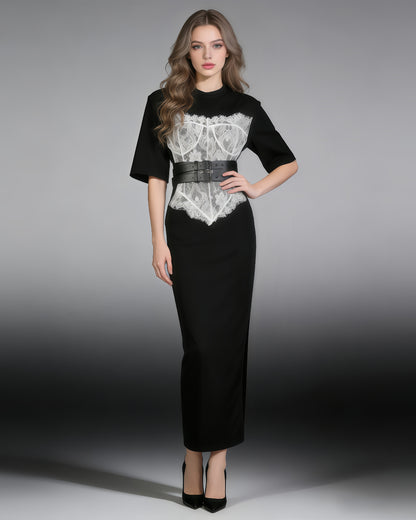 Black Lace Panel Double-Belt Maxi Dress