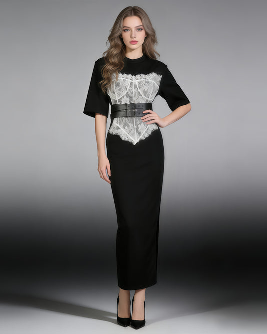 Black Lace Panel Double-Belt Maxi Dress