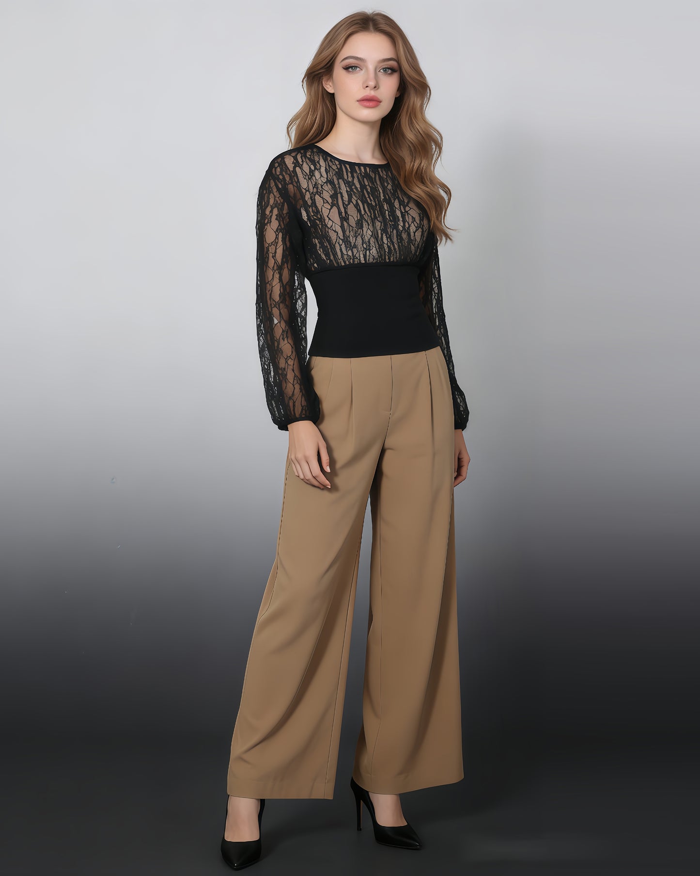 Black Lace Panel Ruched Waist Long Sleeve Top