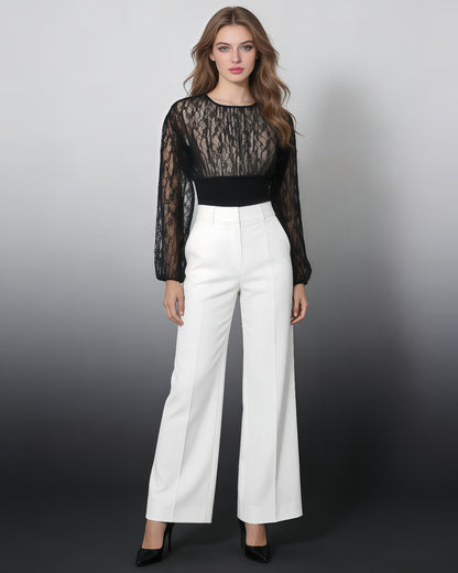Black Lace Panel Ruched Waist Long Sleeve Top