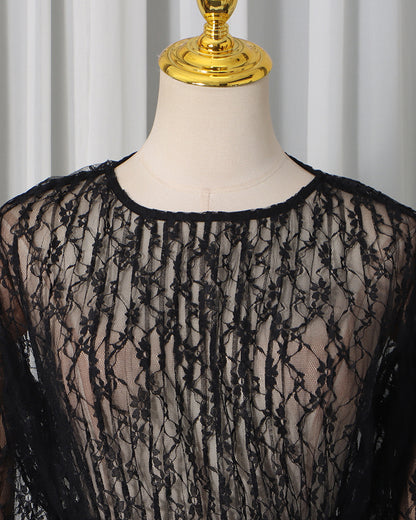 Black Lace Panel Ruched Waist Long Sleeve Top