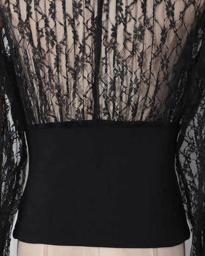 Black Lace Panel Ruched Waist Long Sleeve Top