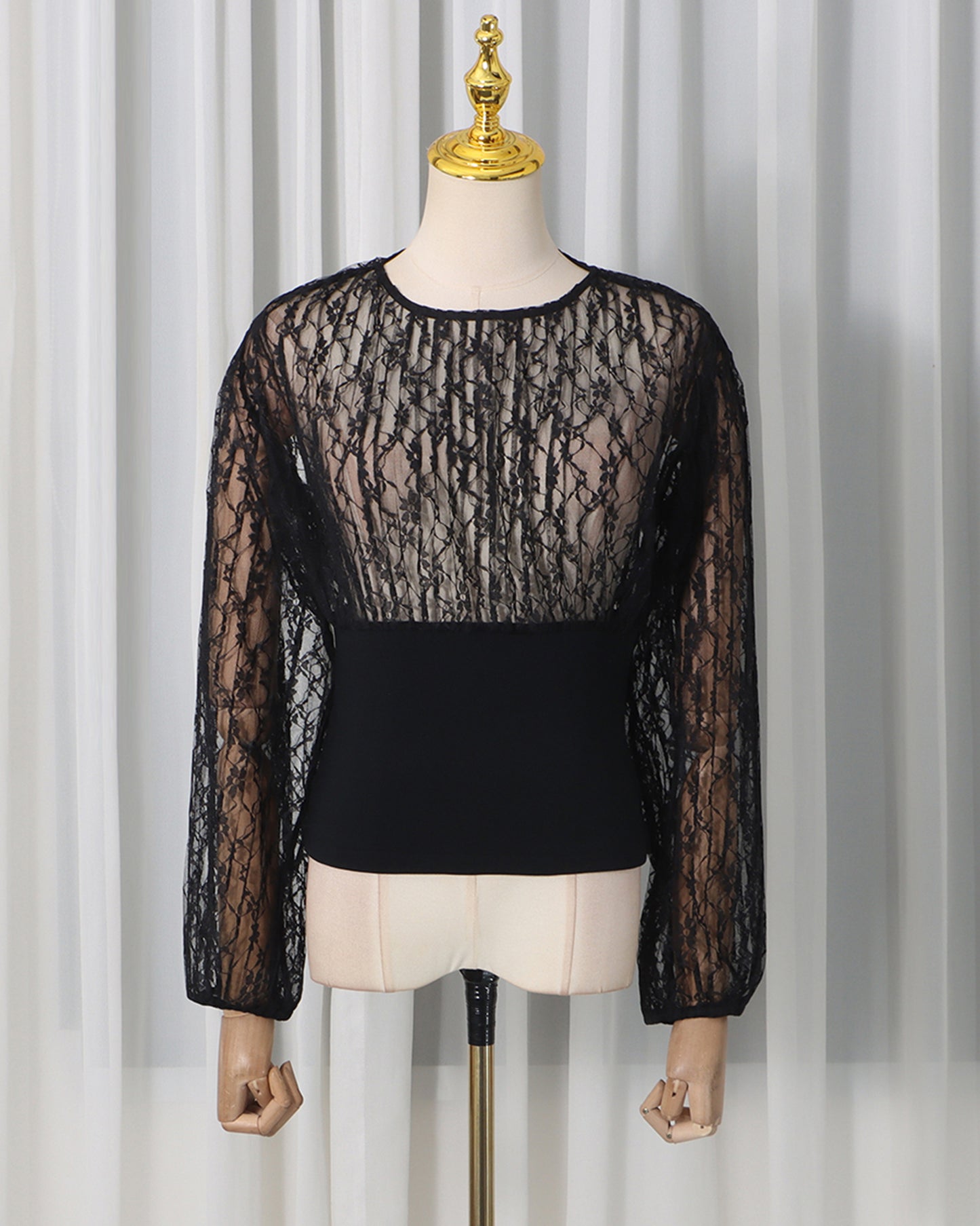 Black Lace Panel Ruched Waist Long Sleeve Top