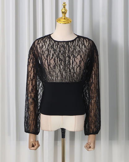 Black Lace Panel Ruched Waist Long Sleeve Top