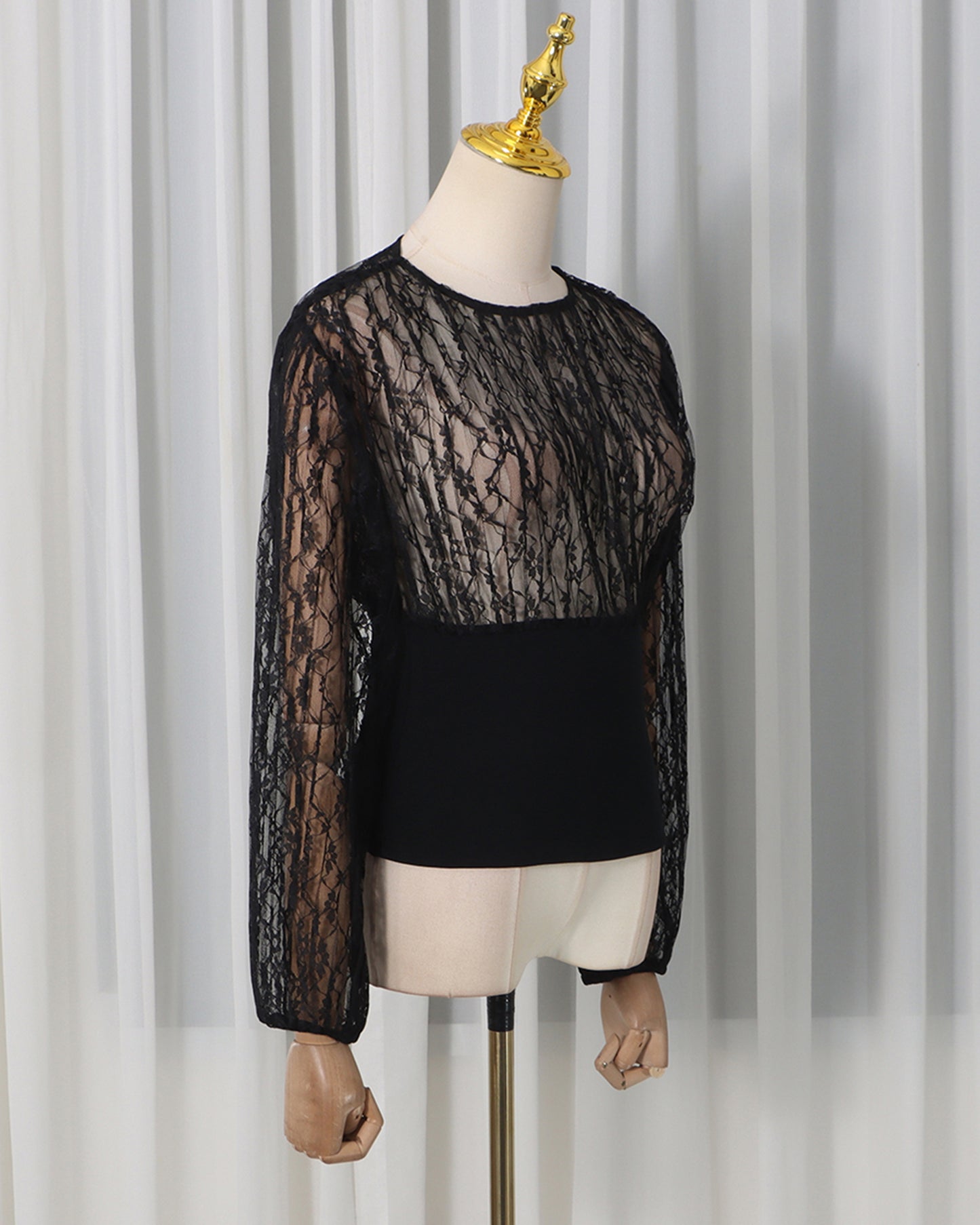 Black Lace Panel Ruched Waist Long Sleeve Top