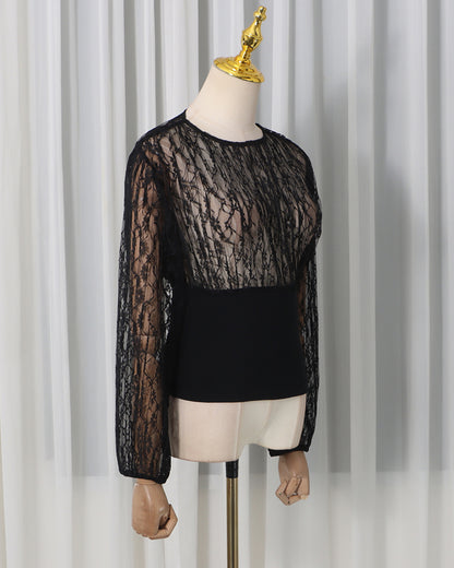 Black Lace Panel Ruched Waist Long Sleeve Top