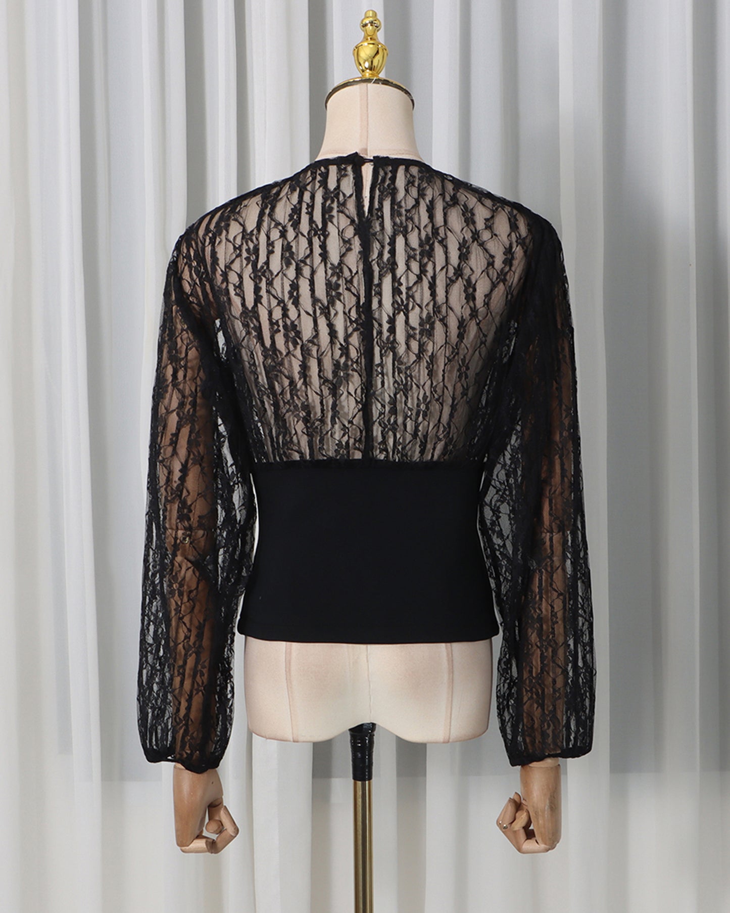 Black Lace Panel Ruched Waist Long Sleeve Top