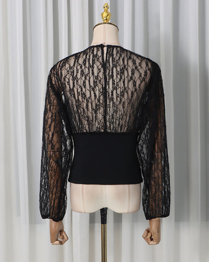 Black Lace Panel Ruched Waist Long Sleeve Top