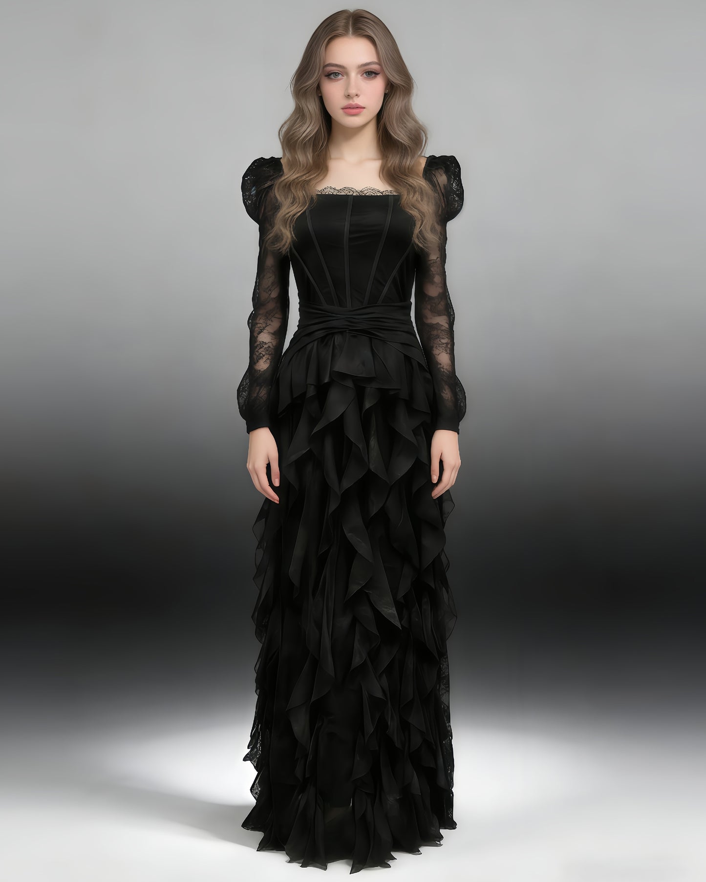 Black Lace Ruffle Maxi Dress