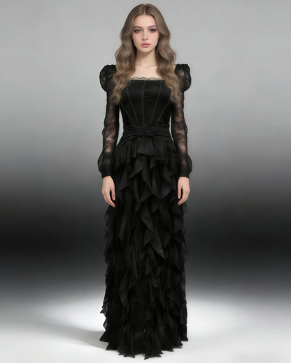 Black Lace Ruffle Maxi Dress