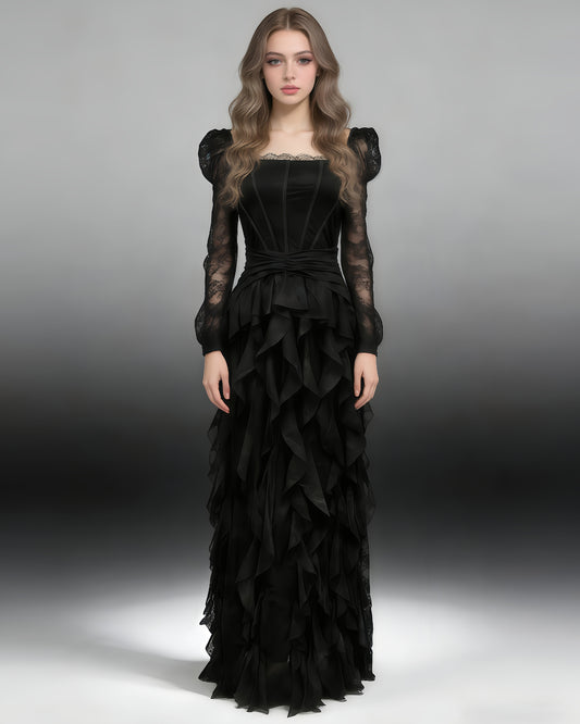 Black Lace Ruffle Maxi Dress