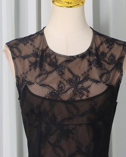 Black Lace Sheer Sleeveless Maxi Dress