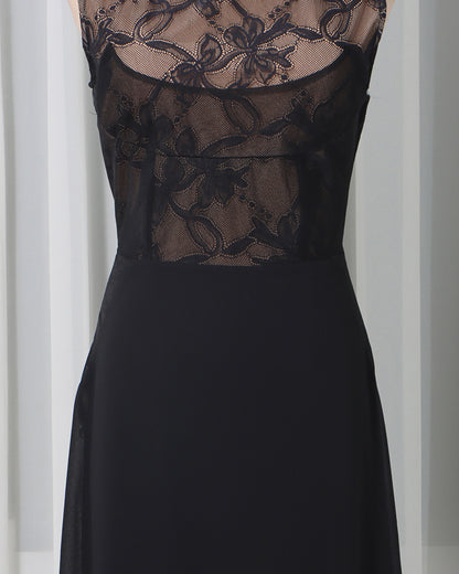 Black Lace Sheer Sleeveless Maxi Dress