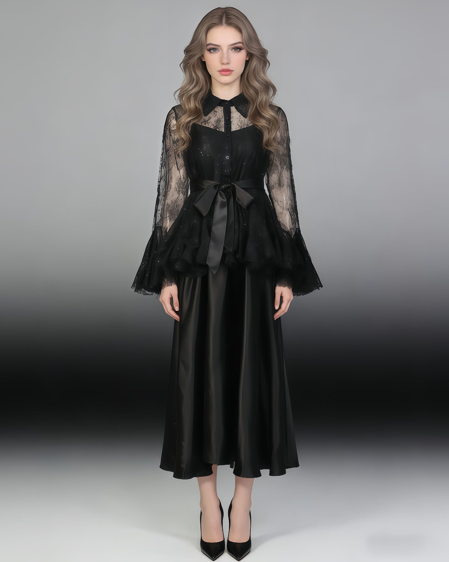 Black Lace Shirt & Satin Dress Two-Piece Set