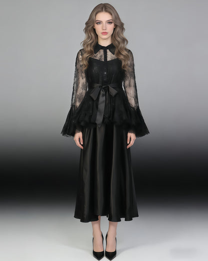 Black Lace Shirt & Satin Dress Two-Piece Set