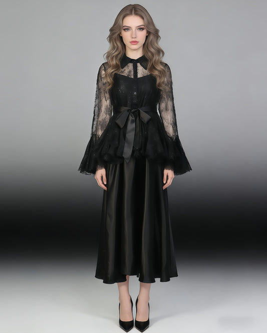 Black Lace Shirt & Satin Dress Two-Piece Set