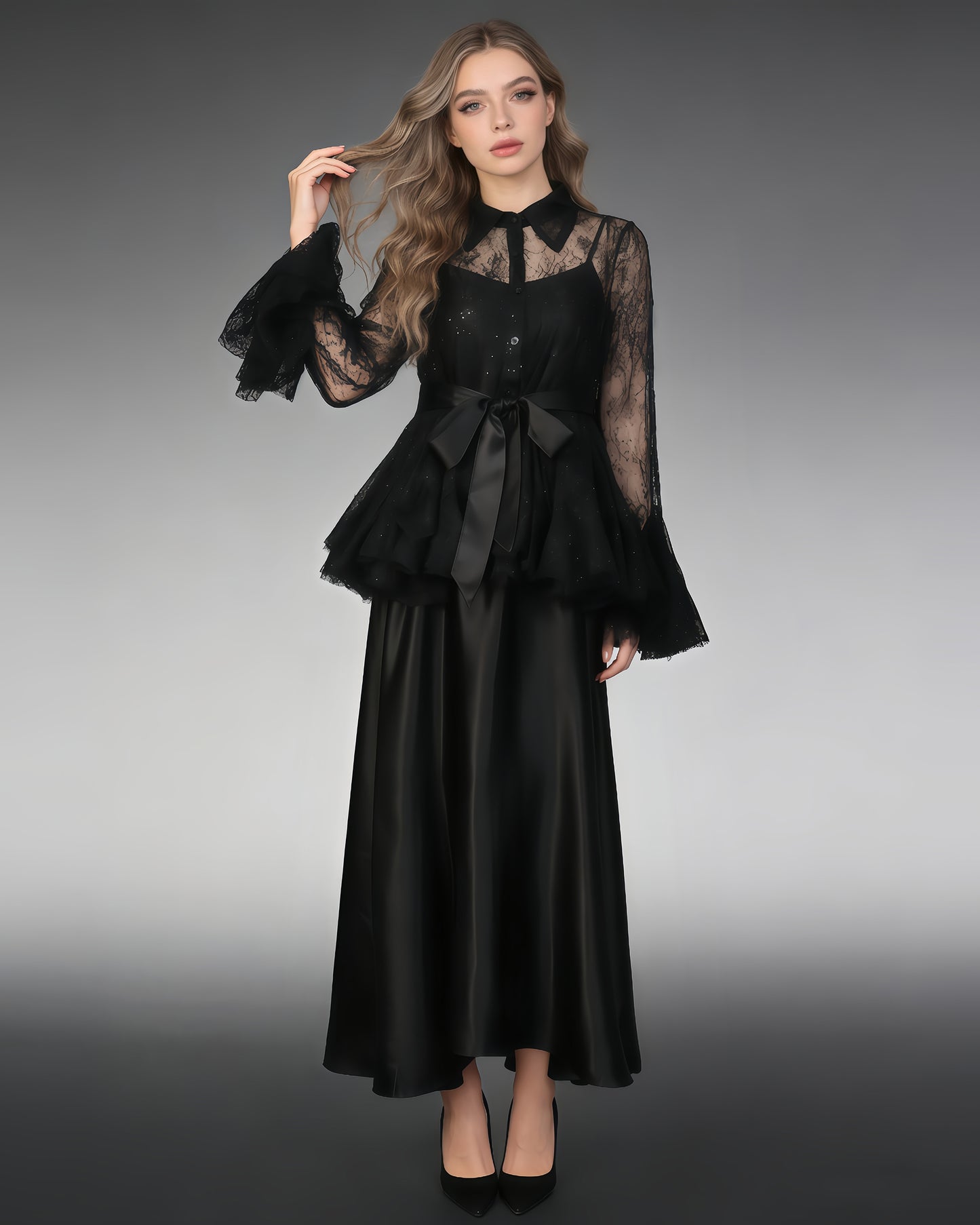 Black Lace Shirt & Satin Dress Two-Piece Set
