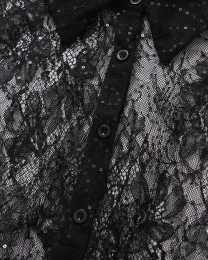 Black Lace Shirt & Satin Dress Two-Piece Set