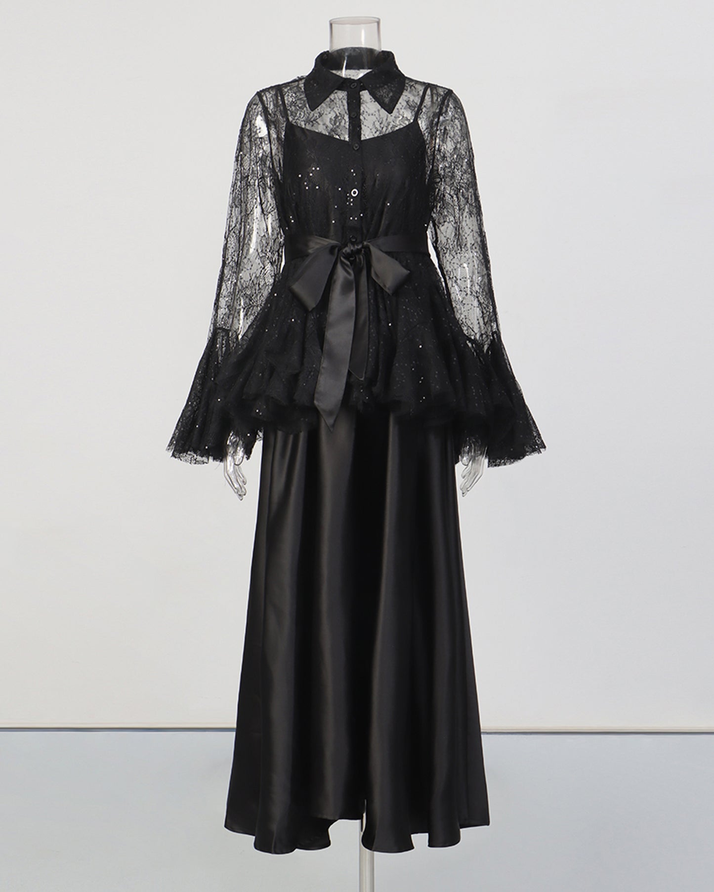 Black Lace Shirt & Satin Dress Two-Piece Set