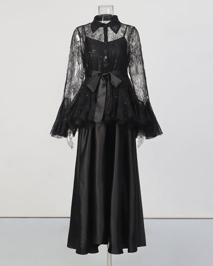 Black Lace Shirt & Satin Dress Two-Piece Set