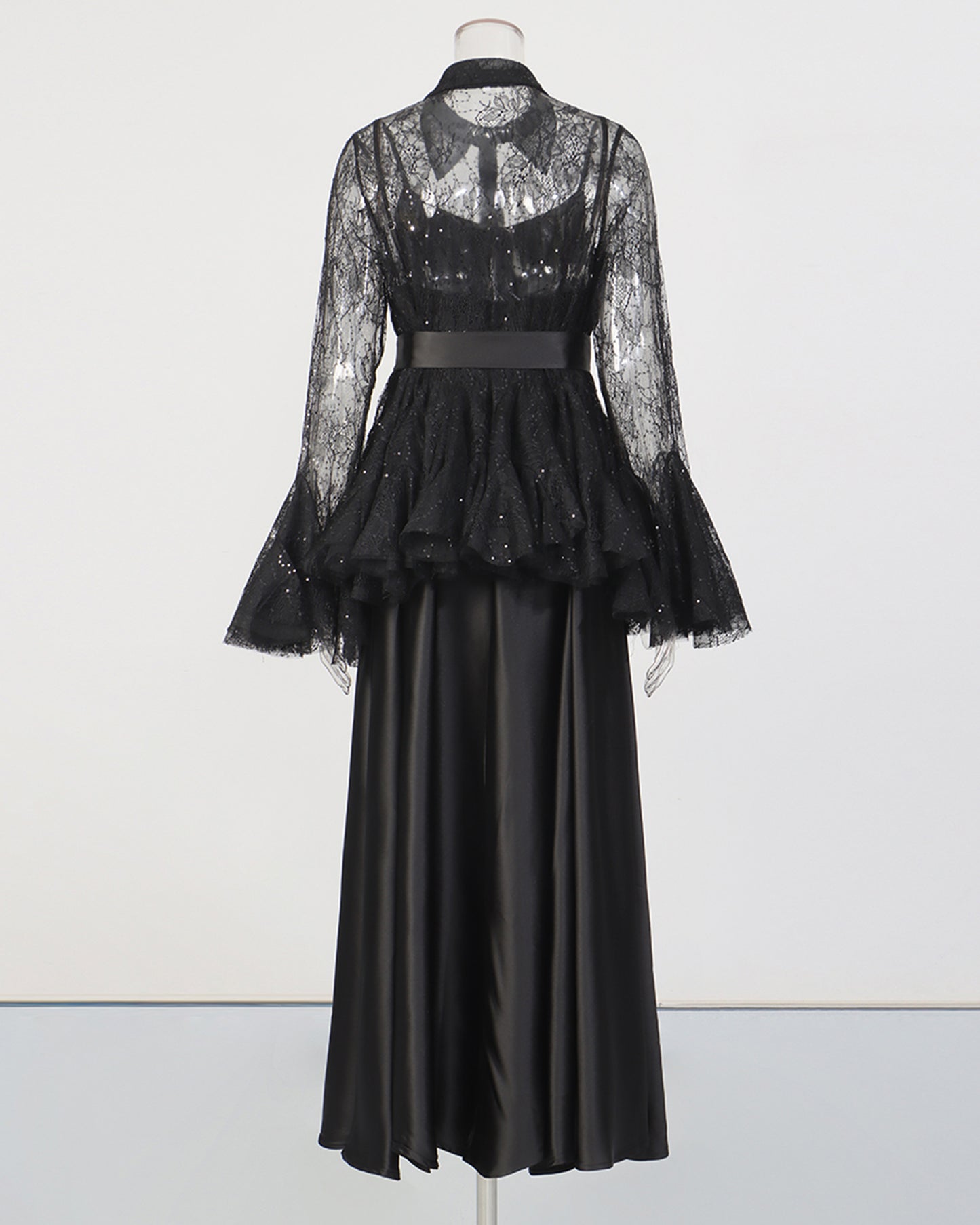 Black Lace Shirt & Satin Dress Two-Piece Set