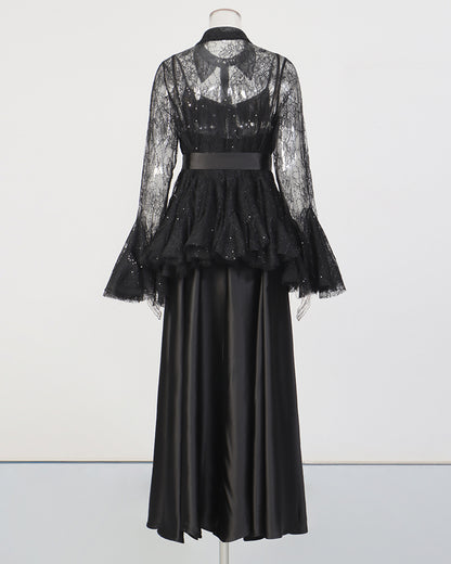 Black Lace Shirt & Satin Dress Two-Piece Set