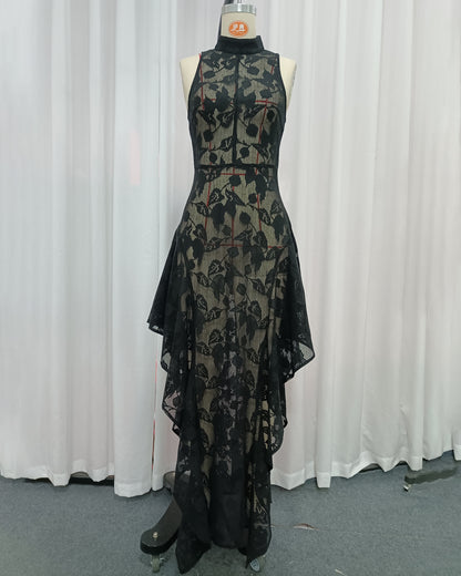 Black Lace Sleeveless Asymmetric Maxi Dress