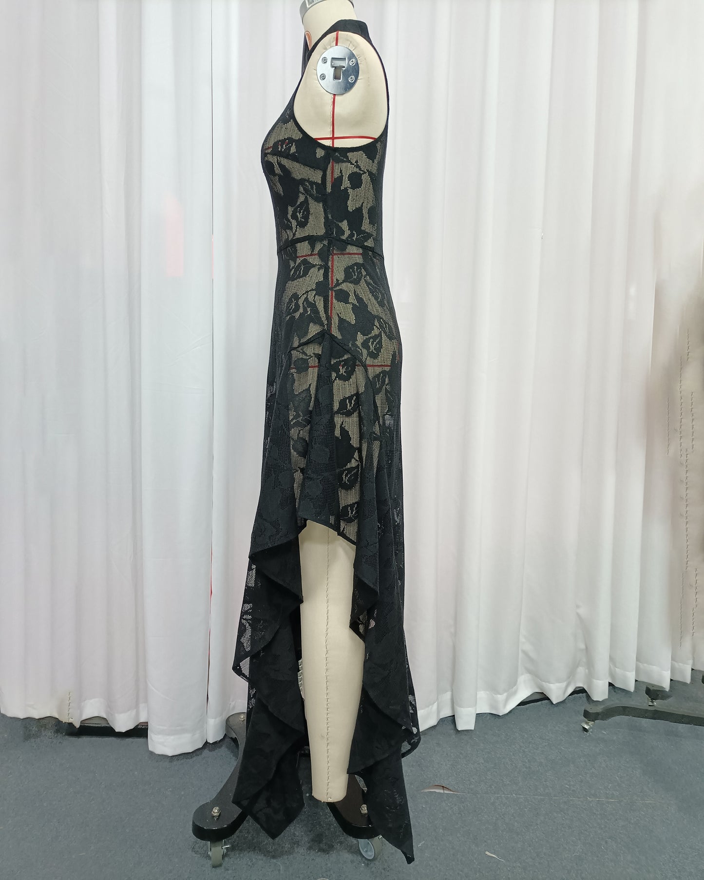 Black Lace Sleeveless Asymmetric Maxi Dress