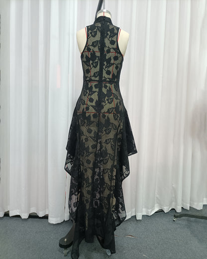 Black Lace Sleeveless Asymmetric Maxi Dress