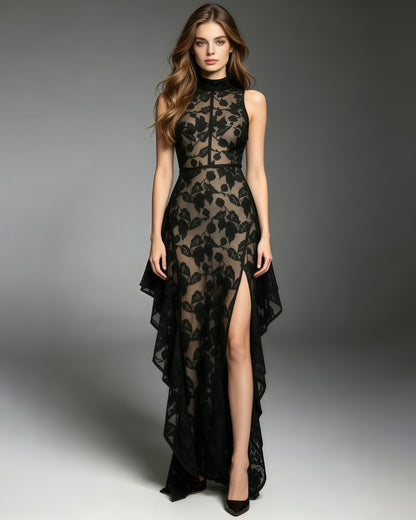 Black Lace Sleeveless Asymmetric Maxi Dress