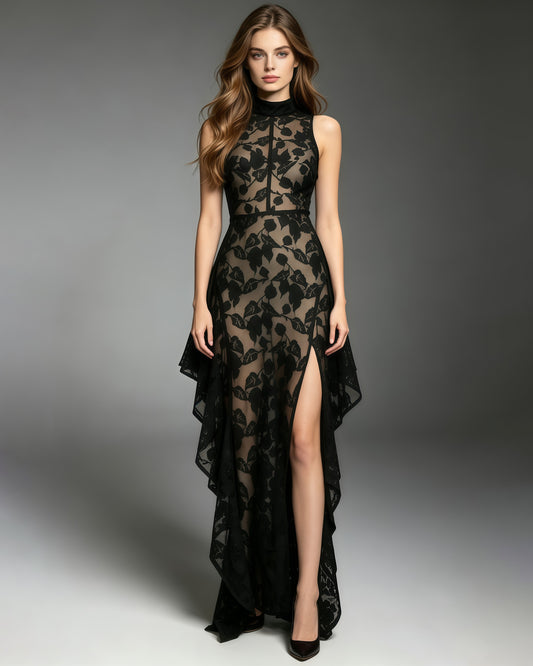 Black Lace Sleeveless Asymmetric Maxi Dress
