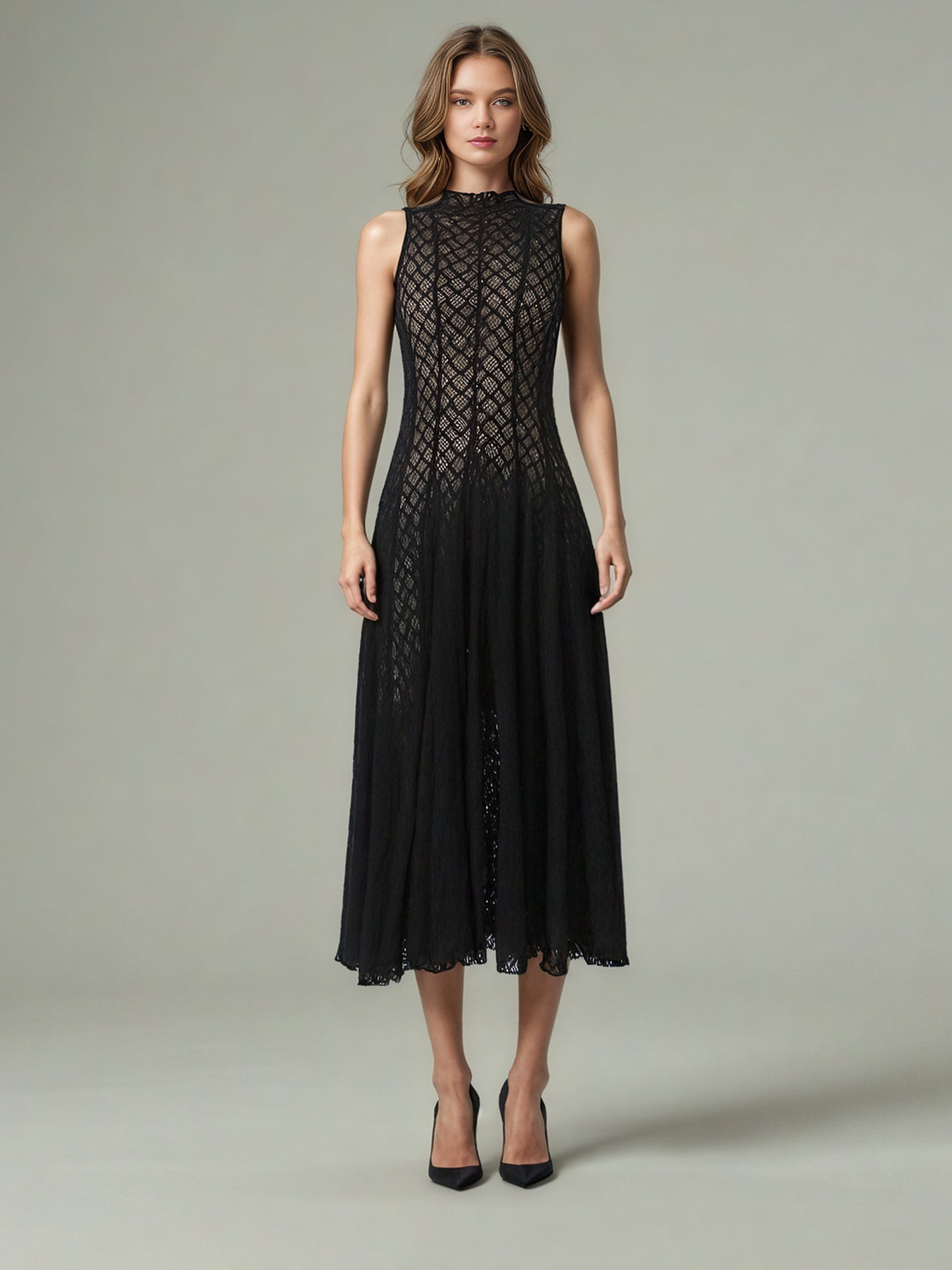 Black Lace Sleeveless Maxi Dress with Mock Neck
