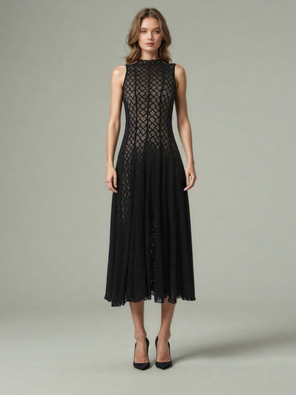 Black Lace Sleeveless Maxi Dress with Mock Neck